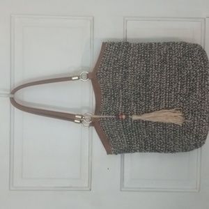 PURSE w/ BEIGE & BLUE FABRIC WEAVING LEATHER STRAPS